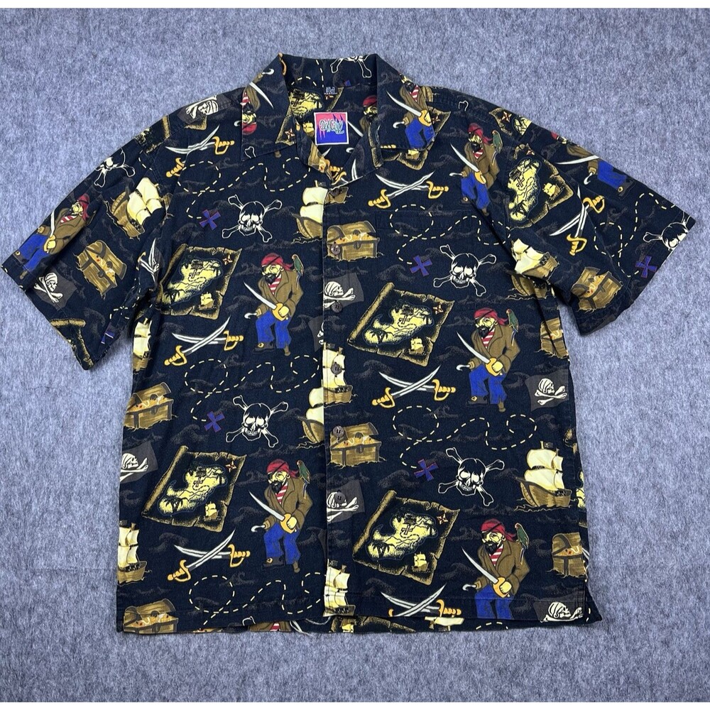 Vtg Dem Crazy Men's Button Down Camp Shirt Pirate Treasure Map Artwork Size XL